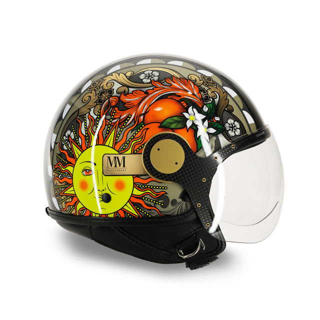 Casco jet MM Independent Magnolia Nero con sole decorativo, agrumi e motivi geometrici siciliani - vista laterale con visiera abbassata