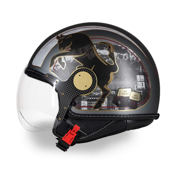Casco jet MM Independent Torino grigio argento con toro rampante nero e dettagli oro Chrometech® - vista laterale con visiera abbassata