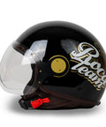 Casco jet nero edizione limitata con dettagli oro e look sportivo minimal - vista laterale, visiera abbassata