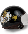 Casco jet Monaco nero MM Independent con finiture oro Chrometech® e stile sportivo elegante - vista laterale con visiera abbassata