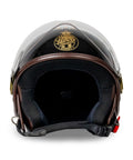 Casco jet nero con dettagli oro Chrometech® e design pulito ispirato a Monaco - vista frontale con visiera alzata