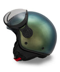Casco jet MM Independent verde camaleonte con calotta pulita e finitura cangiante - vista laterale con visiera sollevata