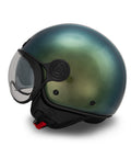 Casco jet A-Ventura verde cangiante MM Independent con finitura camaleonte e doppia visiera - vista laterale con visiera abbassata