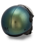 Casco jet monocromo verde cangiante con superficie senza scritte e finitura iridescente - vista posteriore