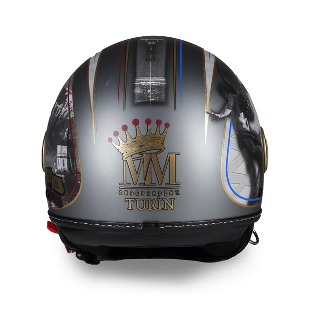 Casco jet MM Independent Edizione Limitata Torino con grafica urbana e simboli storici della città - vista posteriore