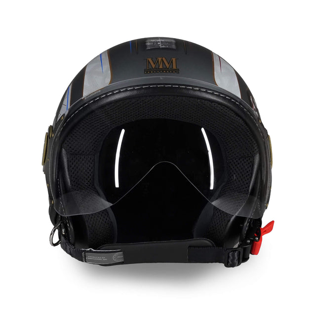 Casco jet MM Independent Turin con logo posteriore coronato e grafica dedicata alla tradizione sabauda - vista frontale con visiera abbassata