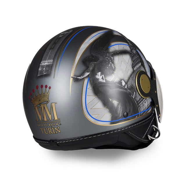 Casco jet Torino con decorazioni oro Chrometech®, sculture dell'angelo nero di Piazza Statuto - vista tre quarti