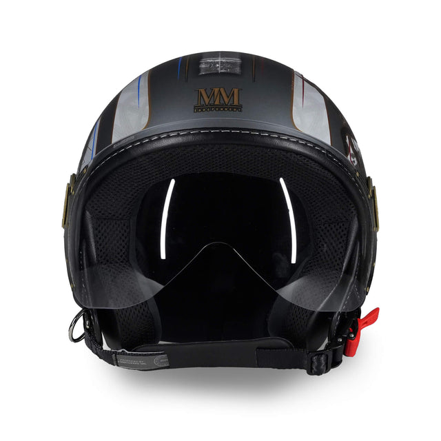 Casco jet Torino in ABS con supporti in carbonio aeronautico e finiture rifrangenti ad alta visibilità - vista frontale con visiera abbassata